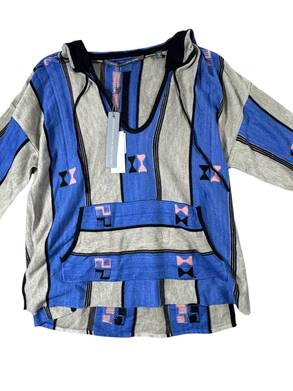 Twelfth Street by Cynthia Vincent Blue Gray Pink Striped Hooded Sweater